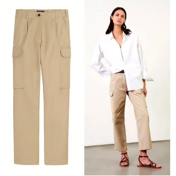 Nili Lotan 4 Yannic $450 Cargo Pant High Rise Straight Leg Crop Tan Desert Sand